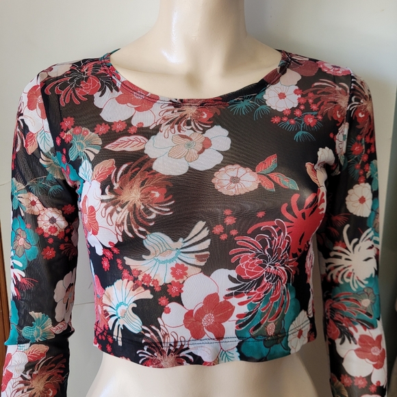 Floral Print Sheer Mesh Long Sleeved Crop Top Small Y2K Tattoo - Picture 2 of 11